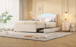 Enfant Fortuna lai Lit Polster 90x200cm, Éclairage Ambiant, Tiroirs, Tête Réglable, Lin, Beige
