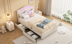 Enfant Fortuna lai Lit Polster 90x200cm, Éclairage Ambiant, Tiroirs, Tête Réglable, Lin, Beige