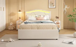Enfant Fortuna lai Lit Polster 90x200cm, Éclairage Ambiant, Tiroirs, Tête Réglable, Lin, Beige