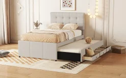Fortuna lai Lit Polster 90x200cm, Lit Familial, Tiroirs, Lit Escamotable, Tête Réglable, Beige Online