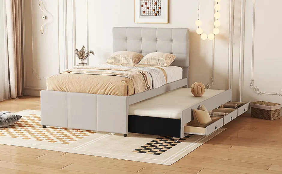 Fortuna lai Lit Polster 90x200cm, Lit Familial, Tiroirs, Lit Escamotable, Tête Réglable, Beige Online