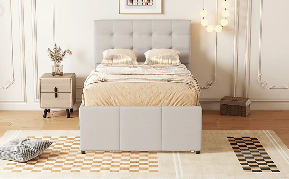 Fortuna lai Lit Polster 90x200cm, Lit Familial, Tiroirs, Lit Escamotable, Tête Réglable, Beige Online