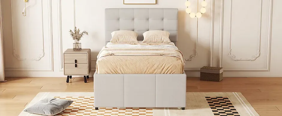 Fortuna lai Lit Polster 90x200cm, Lit Familial, Tiroirs, Lit Escamotable, Tête Réglable, Beige Online