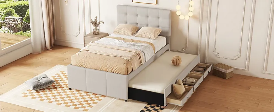 Fortuna lai Lit Polster 90x200cm, Lit Familial, Tiroirs, Lit Escamotable, Tête Réglable, Beige Online