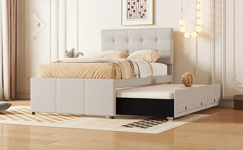 Fortuna lai Lit Polster 90x200cm, Lit Familial, Tiroirs, Lit Escamotable, Tête Réglable, Beige Online