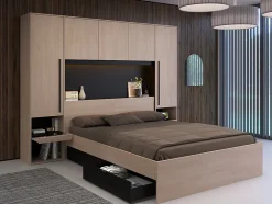Vente-unique Lit pont 160 x 200 cm avec rangements - Avec LEDs - Coloris : Naturel et noir - VELONA