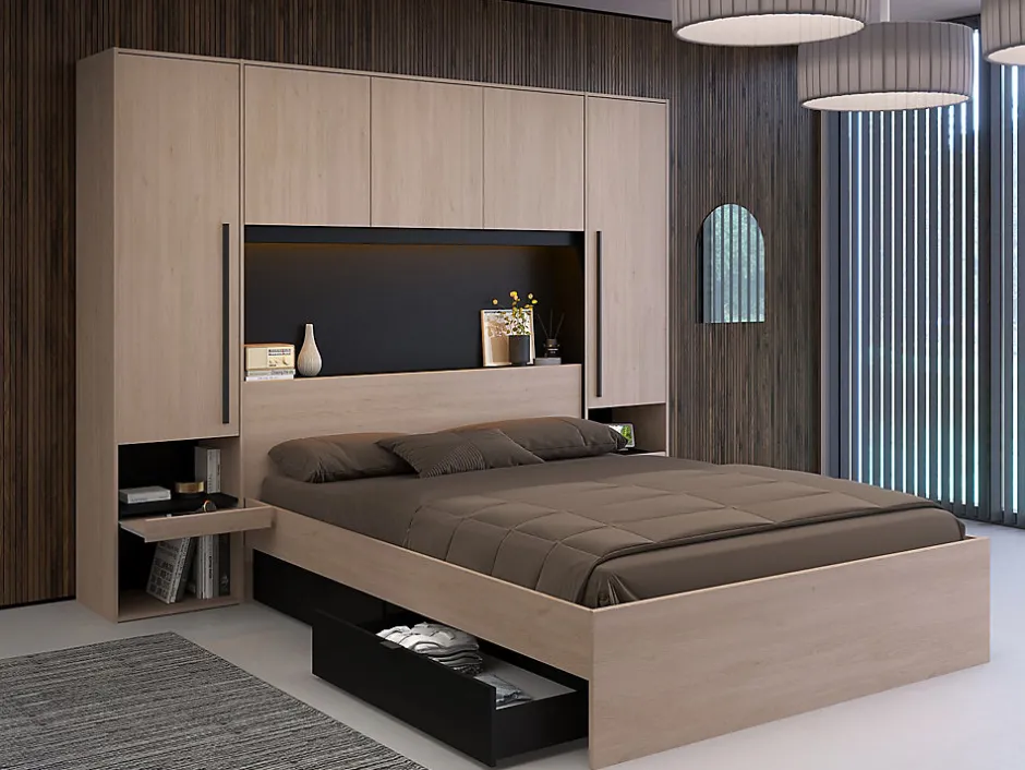 Vente-unique Lit pont 160 x 200 cm avec rangements - Avec LEDs - Coloris : Naturel et noir - VELONA