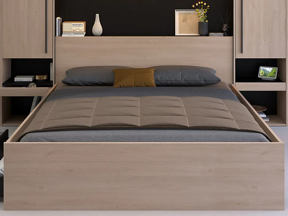 Vente-unique Lit pont 160 x 200 cm avec rangements - Avec LEDs - Coloris : Naturel et noir - VELONA