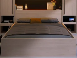 Vente-unique Lit pont 160 x 200 cm avec rangements - Avec LEDs - Coloris : Naturel et noir - VELONA