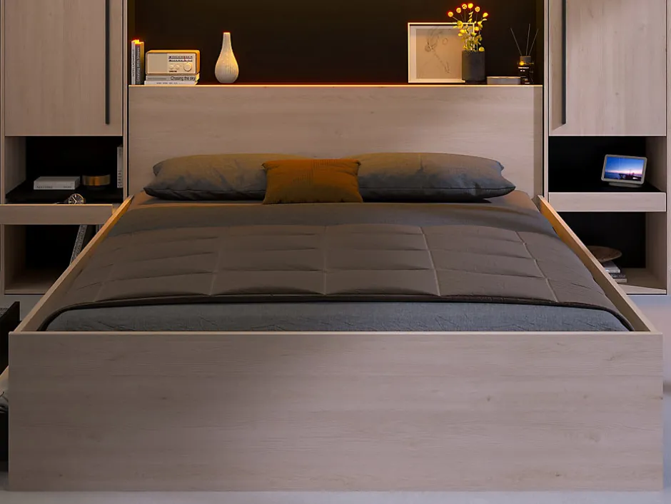 Vente-unique Lit pont 160 x 200 cm avec rangements - Avec LEDs - Coloris : Naturel et noir - VELONA