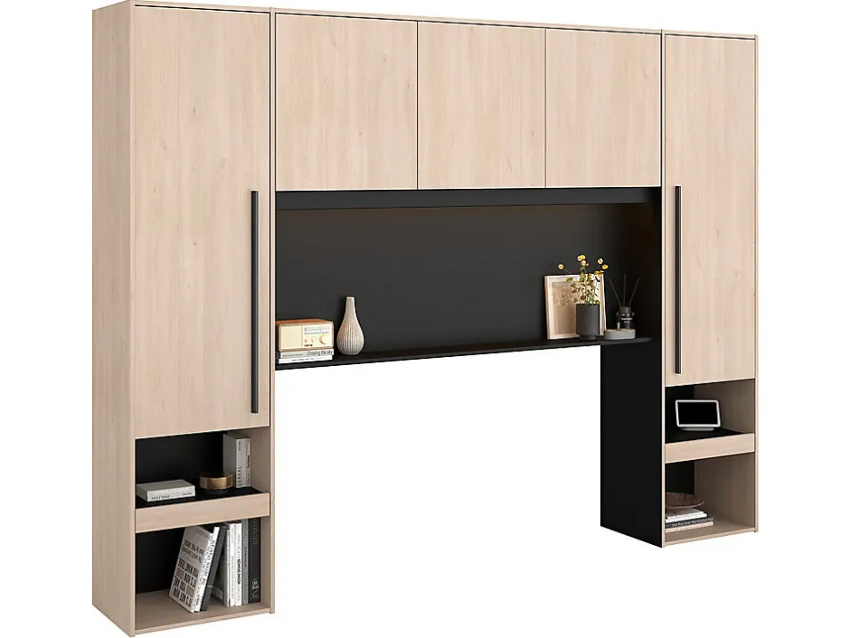 Vente-unique Lit pont 160 x 200 cm avec rangements - Avec LEDs - Coloris : Naturel et noir - VELONA
