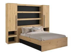 Vente-unique Lit pont 140 x 190/200 cm avec rangements - Avec LEDs - Coloris : Naturel et noir - VARLY
