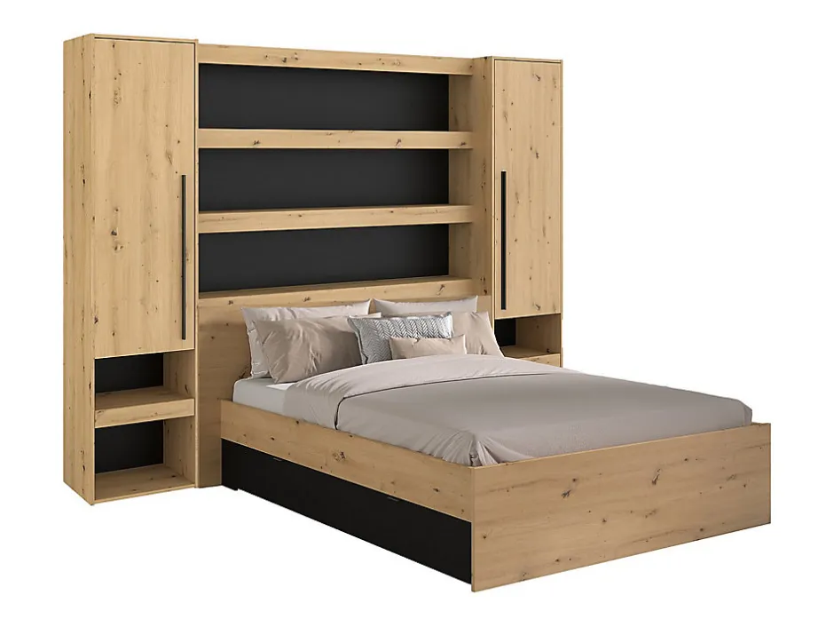 Vente-unique Lit pont 140 x 190/200 cm avec rangements - Avec LEDs - Coloris : Naturel et noir - VARLY