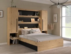Vente-unique Lit pont 140 x 190/200 cm avec rangements - Avec LEDs - Coloris : Naturel et noir - VARLY
