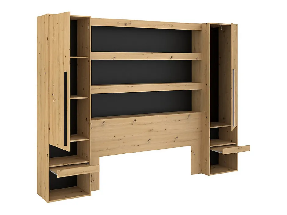 Vente-unique Lit pont 140 x 190/200 cm avec rangements - Avec LEDs - Coloris : Naturel et noir - VARLY