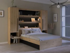 Vente-unique Lit pont 140 x 190/200 cm avec rangements - Avec LEDs - Coloris : Naturel et noir - VARLY
