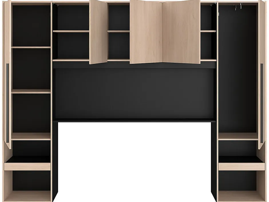 Vente-unique Lit pont 140 x 190 cm avec rangements - Avec LEDs - Coloris : Naturel et noir + Sommier - VELONA