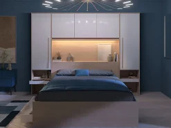 Vente-unique Lit pont 160 x 200 cm avec rangements - avec LEDs - Coloris : Naturel et blanc brillant + Sommier - VELONA Discount