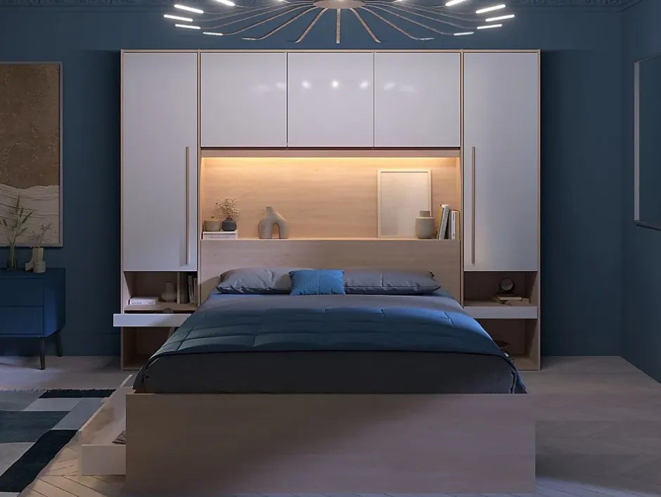 Vente-unique Lit pont 160 x 200 cm avec rangements - avec LEDs - Coloris : Naturel et blanc brillant + Sommier - VELONA Discount