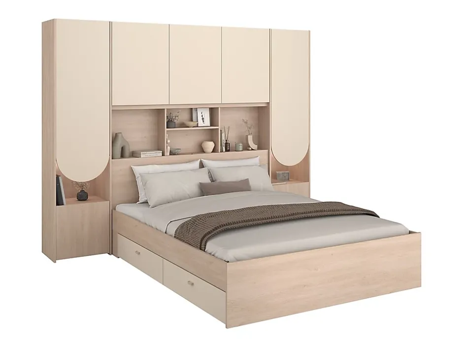 Vente-unique Lit pont 160 x 200 cm avec rangements - Avec LEDs - Coloris : Beige et naturel + Sommier + Matelas - DOMELITO