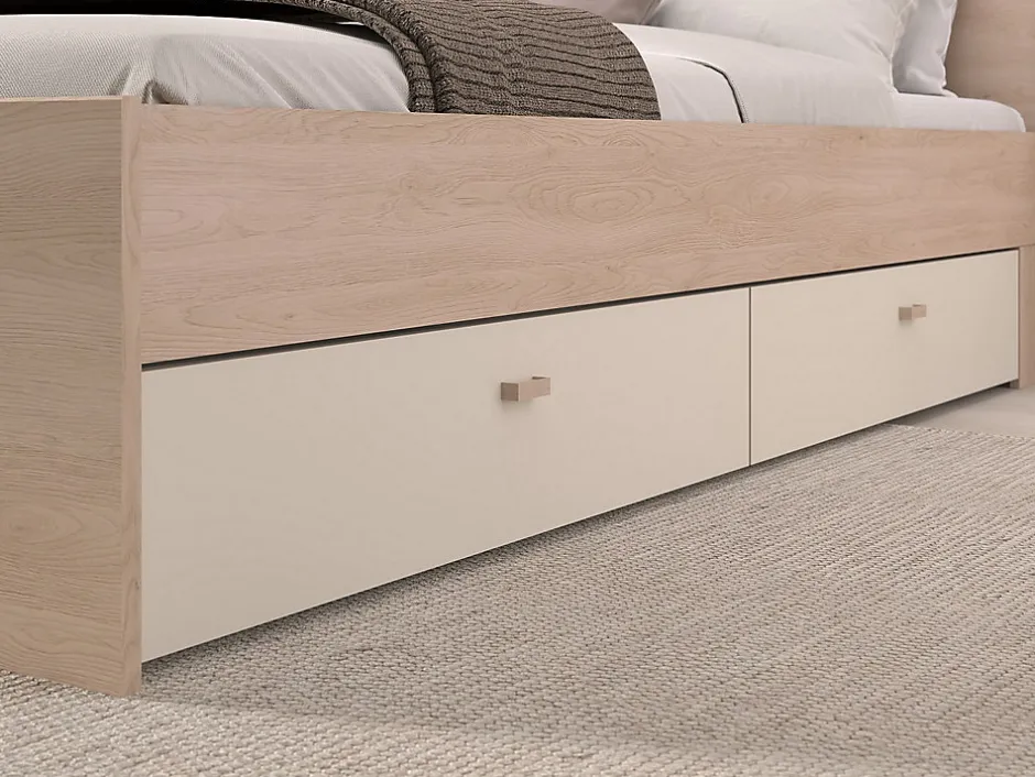 Vente-unique Lit pont 160 x 200 cm avec rangements - Avec LEDs - Coloris : Beige et naturel + Sommier + Matelas - DOMELITO