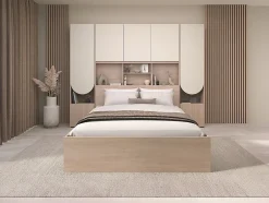 Vente-unique Lit pont 160 x 200 cm avec rangements - Avec LEDs - Coloris : Beige et naturel + Sommier + Matelas - DOMELITO