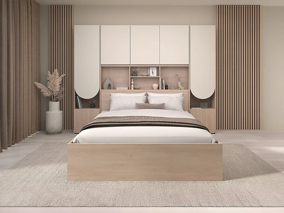 Vente-unique Lit pont 160 x 200 cm avec rangements - Avec LEDs - Coloris : Beige et naturel + Sommier + Matelas - DOMELITO