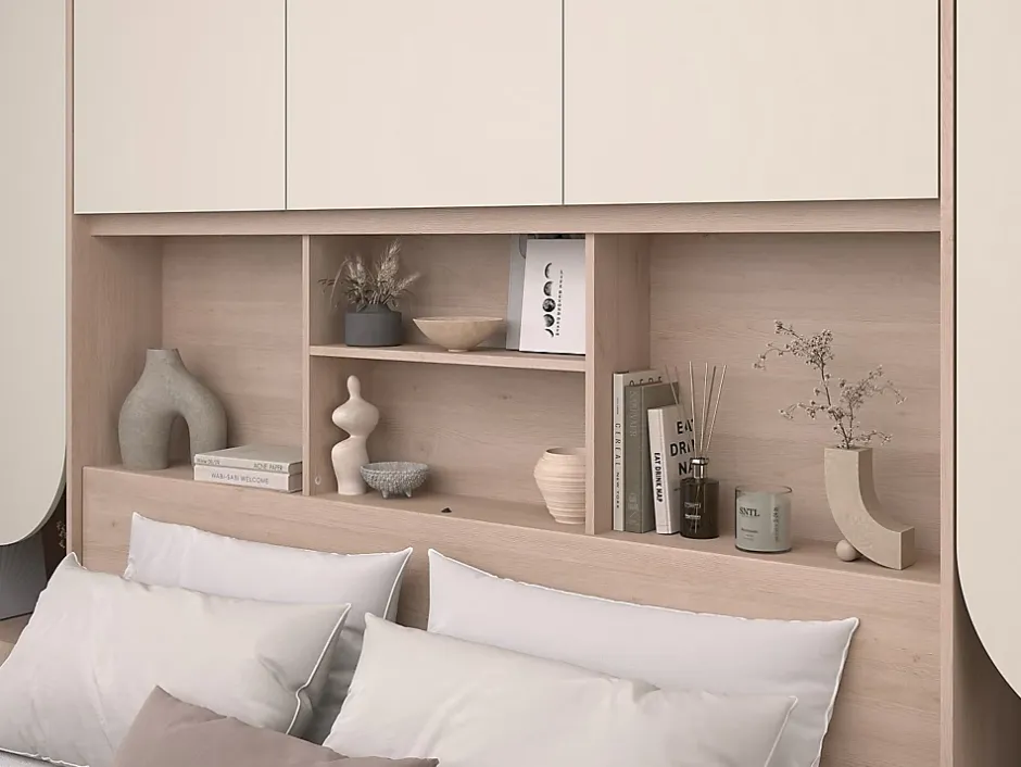 Vente-unique Lit pont 160 x 200 cm avec rangements - Avec LEDs - Coloris : Beige et naturel + Sommier + Matelas - DOMELITO