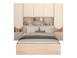 Vente-unique Lit pont 160 x 200 cm avec rangements - Avec LEDs - Coloris : Beige et naturel - DOMELITO Hot