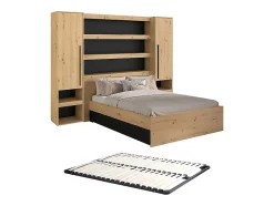 Vente-unique Lit pont 160 x 200 cm avec rangements - Avec LEDs - Coloris : Naturel et noir + Sommier - VARLY Best