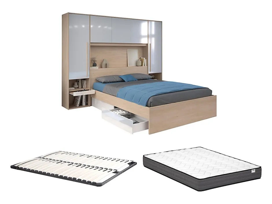 Vente-unique Lit pont 160 x 200 cm avec rangements - avec LEDs - Coloris : Naturel et blanc brillant + Sommier + Matelas - VELONA Outlet