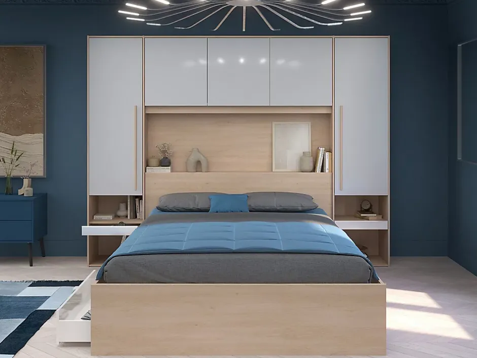 Vente-unique Lit pont 160 x 200 cm avec rangements - avec LEDs - Coloris : Naturel et blanc brillant + Sommier + Matelas - VELONA Outlet