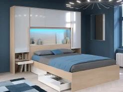 Vente-unique Lit pont 160 x 200 cm avec rangements - avec LEDs - Coloris : Naturel et blanc brillant + Sommier + Matelas - VELONA Outlet