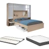 Vente-unique Lit pont 140 x 190 cm avec rangements - avec LEDs - Coloris : Naturel et blanc brillant + Sommier + Matelas - VELONA