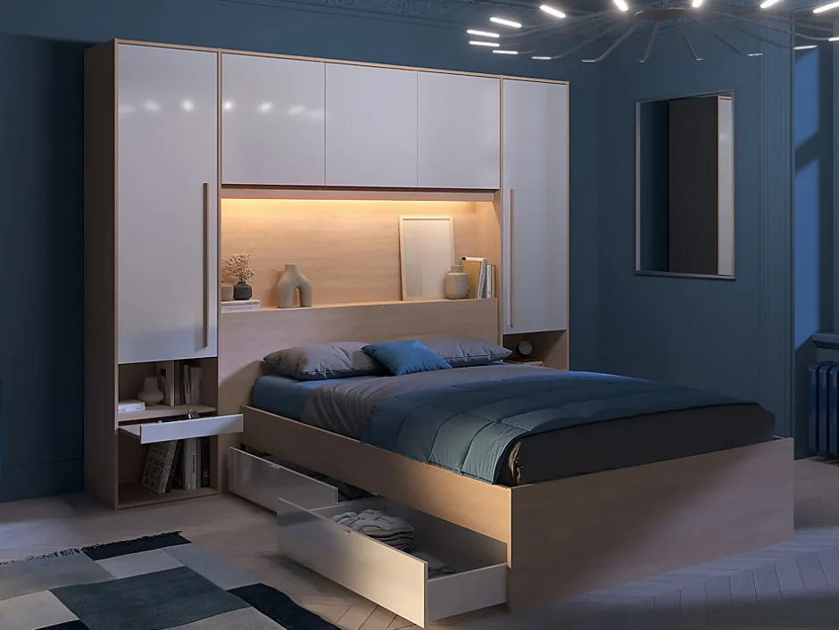 Vente-unique Lit pont 140 x 190 cm avec rangements - avec LEDs - Coloris : Naturel et blanc brillant + Sommier + Matelas - VELONA