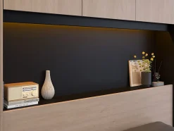 Vente-unique Lit pont 160 x 200 cm avec rangements - Avec LEDs - Coloris : Naturel et noir + Sommier - VELONA Clearance