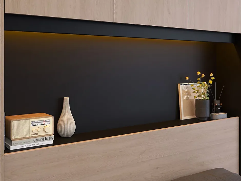 Vente-unique Lit pont 160 x 200 cm avec rangements - Avec LEDs - Coloris : Naturel et noir + Sommier - VELONA Clearance