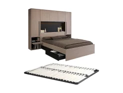 Vente-unique Lit pont 160 x 200 cm avec rangements - Avec LEDs - Coloris : Naturel et noir + Sommier - VELONA Clearance