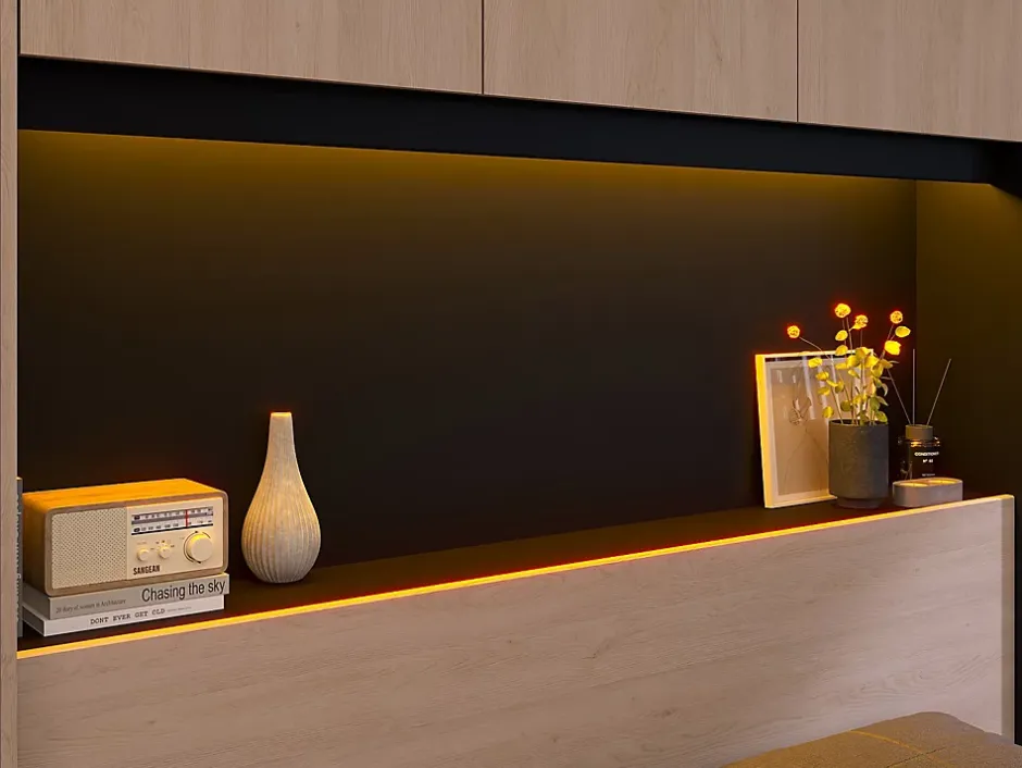 Vente-unique Lit pont 160 x 200 cm avec rangements - Avec LEDs - Coloris : Naturel et noir + Sommier - VELONA Clearance