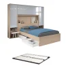 Vente-unique Lit pont 140 x 190 cm avec rangements - avec LEDs - Coloris : Naturel et blanc brillant + Sommier - VELONA