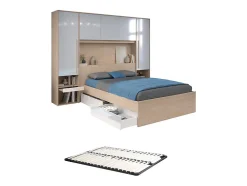 Vente-unique Lit pont 140 x 190 cm avec rangements - avec LEDs - Coloris : Naturel et blanc brillant + Sommier - VELONA