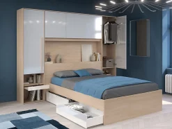 Vente-unique Lit pont 140 x 190 cm avec rangements - avec LEDs - Coloris : Naturel et blanc brillant + Sommier - VELONA