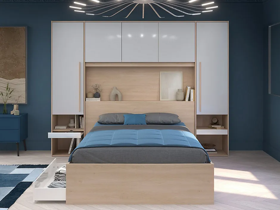 Vente-unique Lit pont 140 x 190 cm avec rangements - avec LEDs - Coloris : Naturel et blanc brillant + Sommier - VELONA