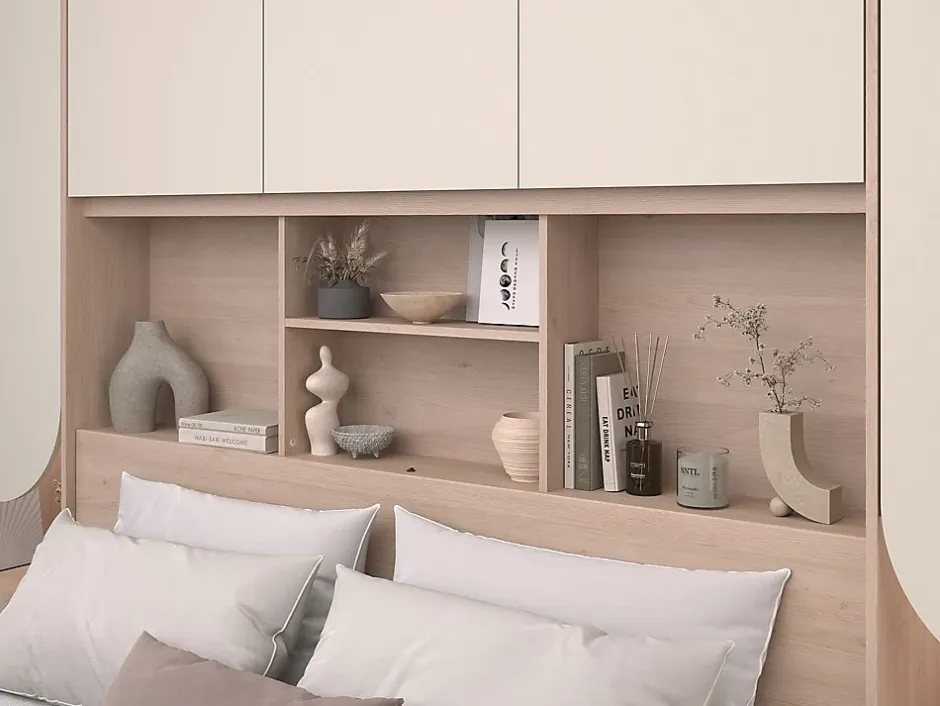 Vente-unique Lit pont 140 x 190 cm avec rangements - Avec LEDs - Coloris : Beige et naturel - DOMELITO Hot