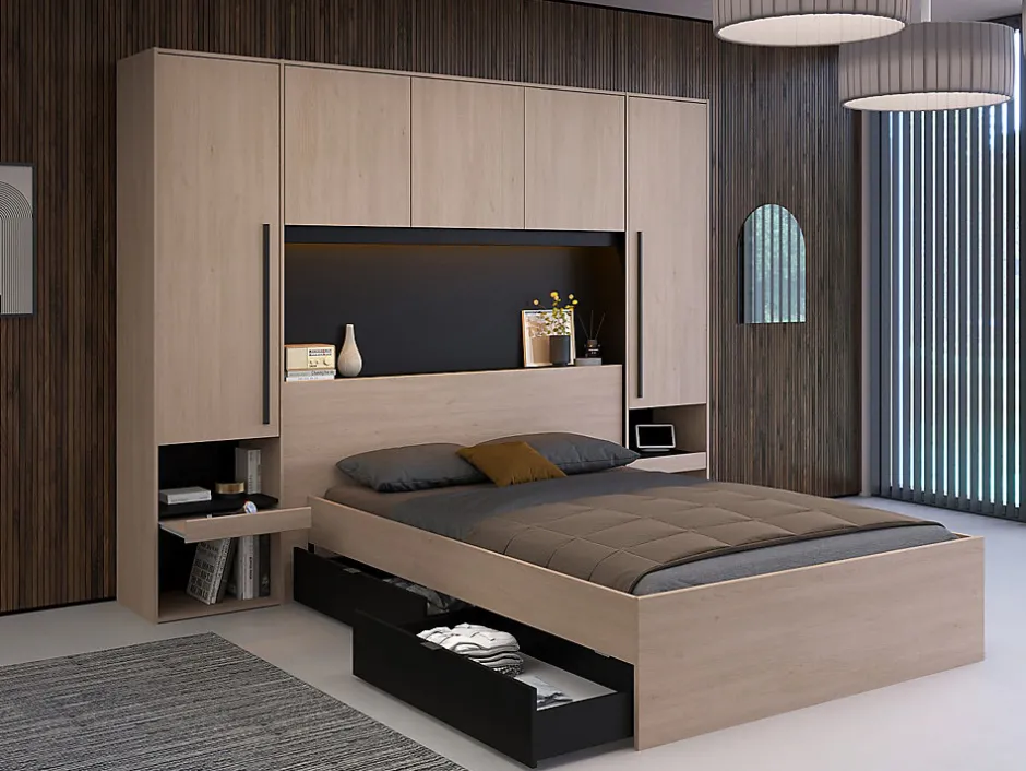 Vente-unique Lit pont 140 x 190 cm avec rangements - Avec LEDs - Coloris : Naturel et noir + Sommier + Matelas - VELONA