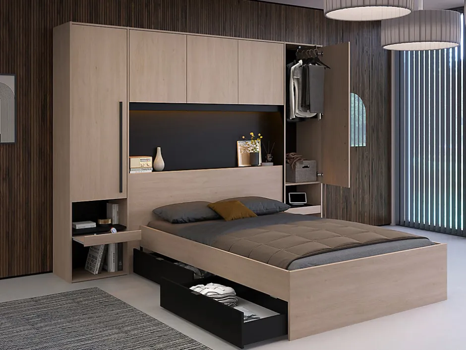 Vente-unique Lit pont 140 x 190 cm avec rangements - Avec LEDs - Coloris : Naturel et noir + Sommier + Matelas - VELONA