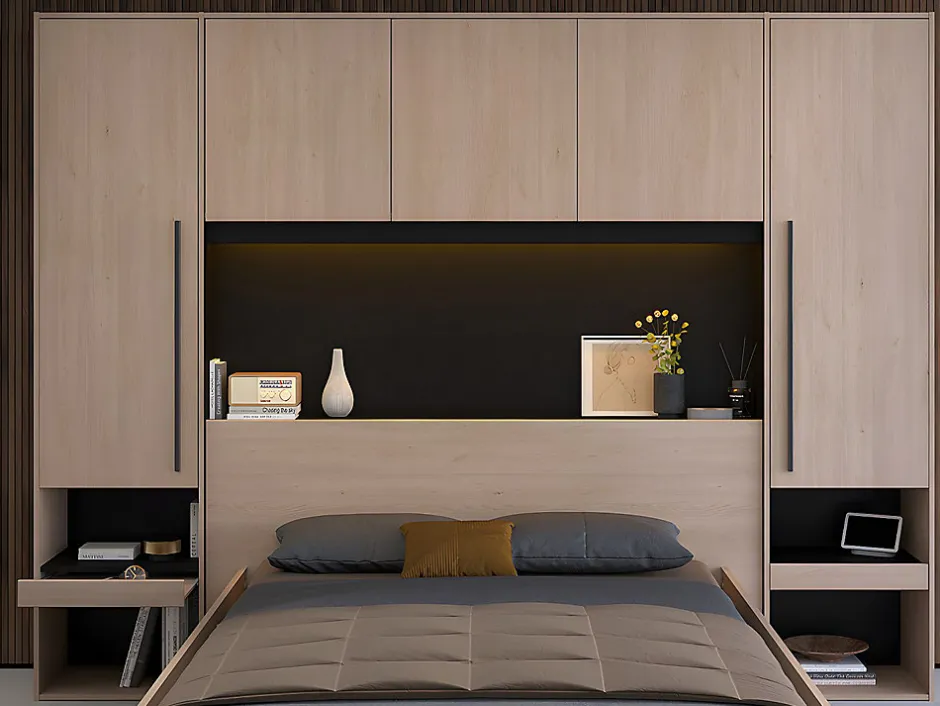 Vente-unique Lit pont 140 x 190 cm avec rangements - Avec LEDs - Coloris : Naturel et noir + Sommier + Matelas - VELONA