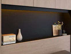 Vente-unique Lit pont 140 x 190 cm avec rangements - Avec LEDs - Coloris : Naturel et noir + Sommier + Matelas - VELONA