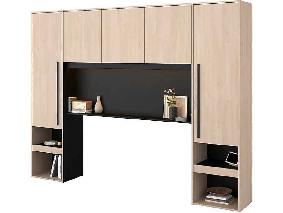 Vente-unique Lit pont 140 x 190 cm avec rangements - Avec LEDs - Coloris : Naturel et noir + Sommier + Matelas - VELONA