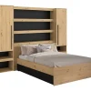 Vente-unique Lit pont 160 x 200 cm avec rangements - Avec LEDs - Coloris : Naturel et noir - VARLY